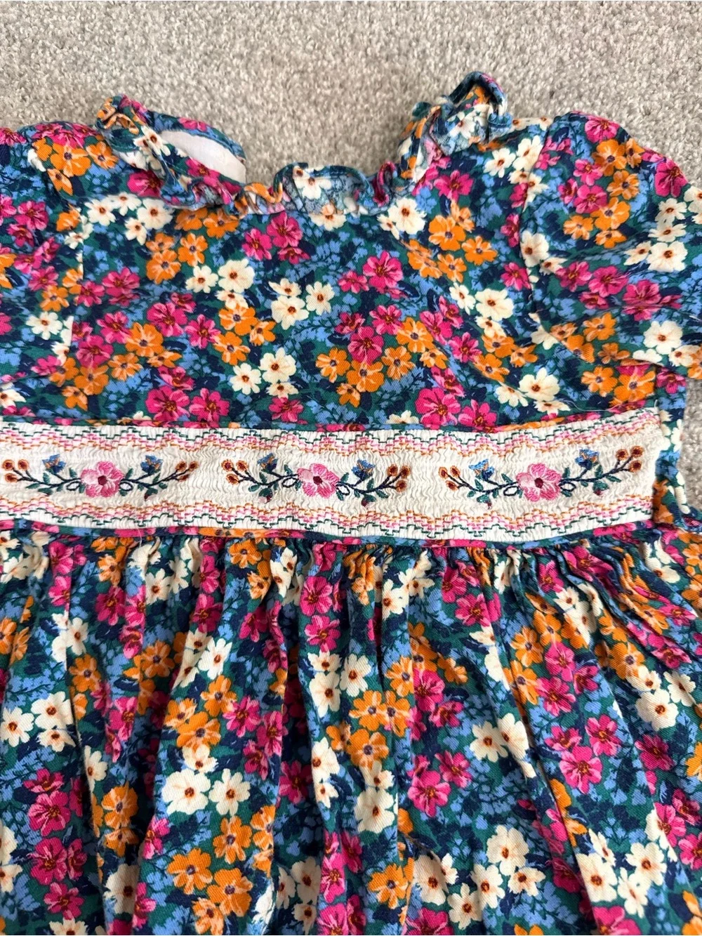 Girls Floral Smocked Waist Dress - Teal Multicolor